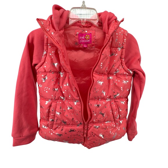 Pink Platinum Silver Unicorn Print Girls Hooded Puffer Vest Jacket Size‎ 10/12 - Picture 4 of 11
